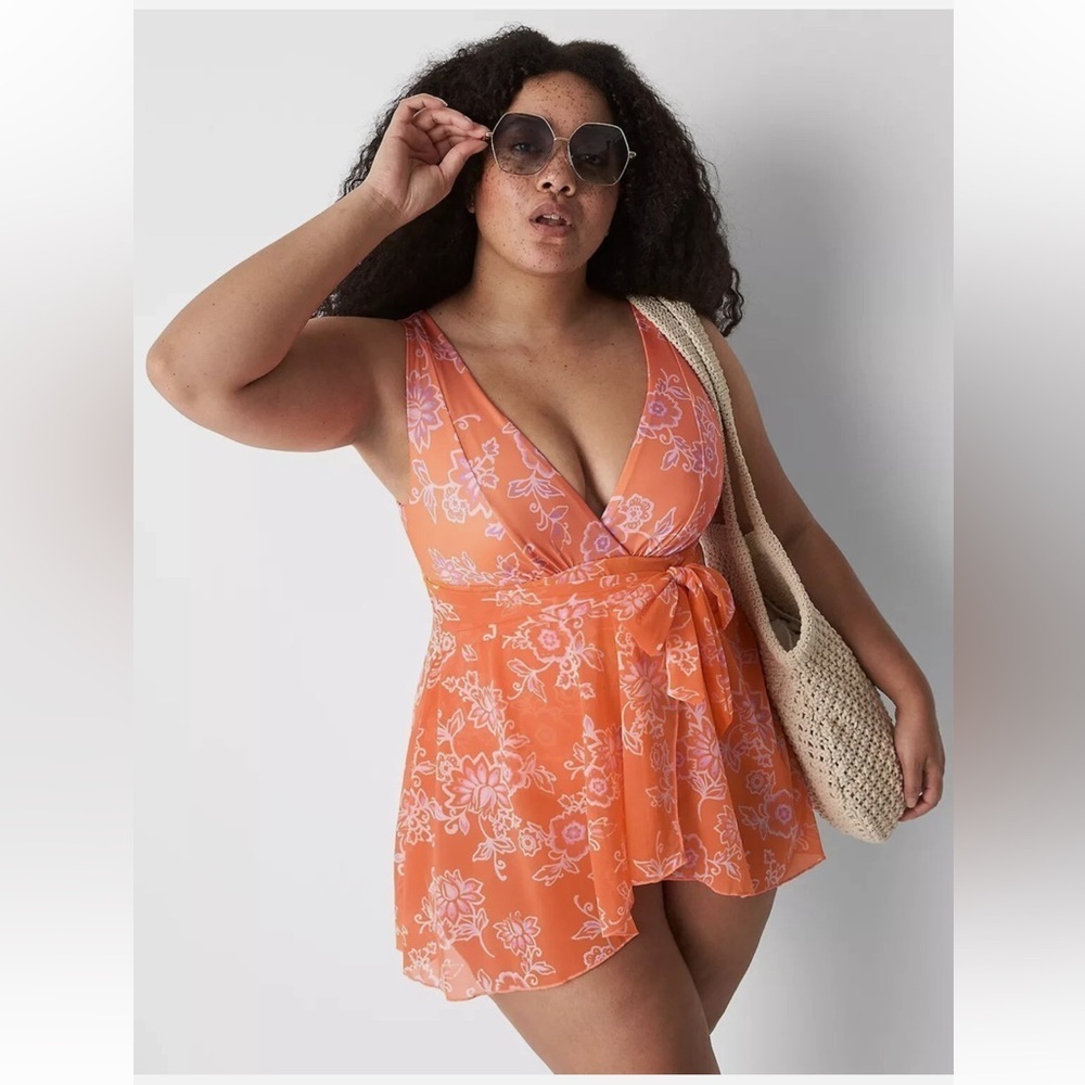 Cacique No-Wire Wrap Swim Dress/Suit Women’s Orange Floral Med Covrg Tie Belt